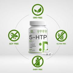 DEAL SUPPLEMENT 5-HTP supplement UAE white bottle with capsules and GMO soy dairy gluten free icons