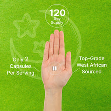 Hand holding a supplement capsule with callout for 2 capsules per serving