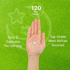 Palm showing two capsules icon on green background with 120 day supply and top grade West African sourced 5-HTP supplement UAE