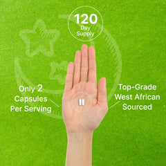 Palm showing two capsules icon on green background with 120 day supply and top grade West African sourced 5-HTP supplement UAE