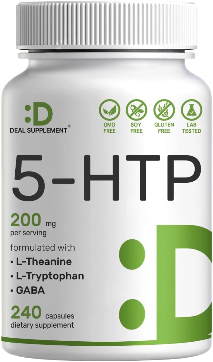 DEAL SUPPLEMENT bottle of 5-HTP supplement UAE 200 mg 240 capsules with L Theanine L Tryptophan GABA