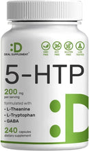 5-HTP dietary supplement bottle, 200 mg per serving, 240 capsules, green label