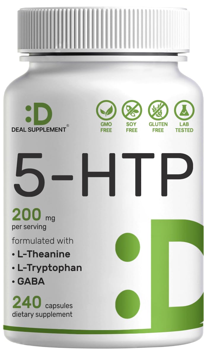 DEAL SUPPLEMENT white bottle of 5-HTP 200 mg with L Theanine L Tryptophan GABA 240 capsules 5-HTP supplement UAE