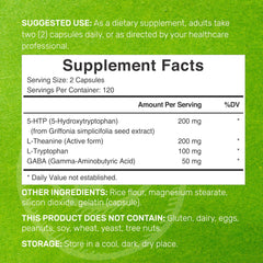 DEAL SUPPLEMENT Supplement Facts label showing 5-HTP 200 mg L-Theanine L-Tryptophan and GABA 5-HTP supplement UAE