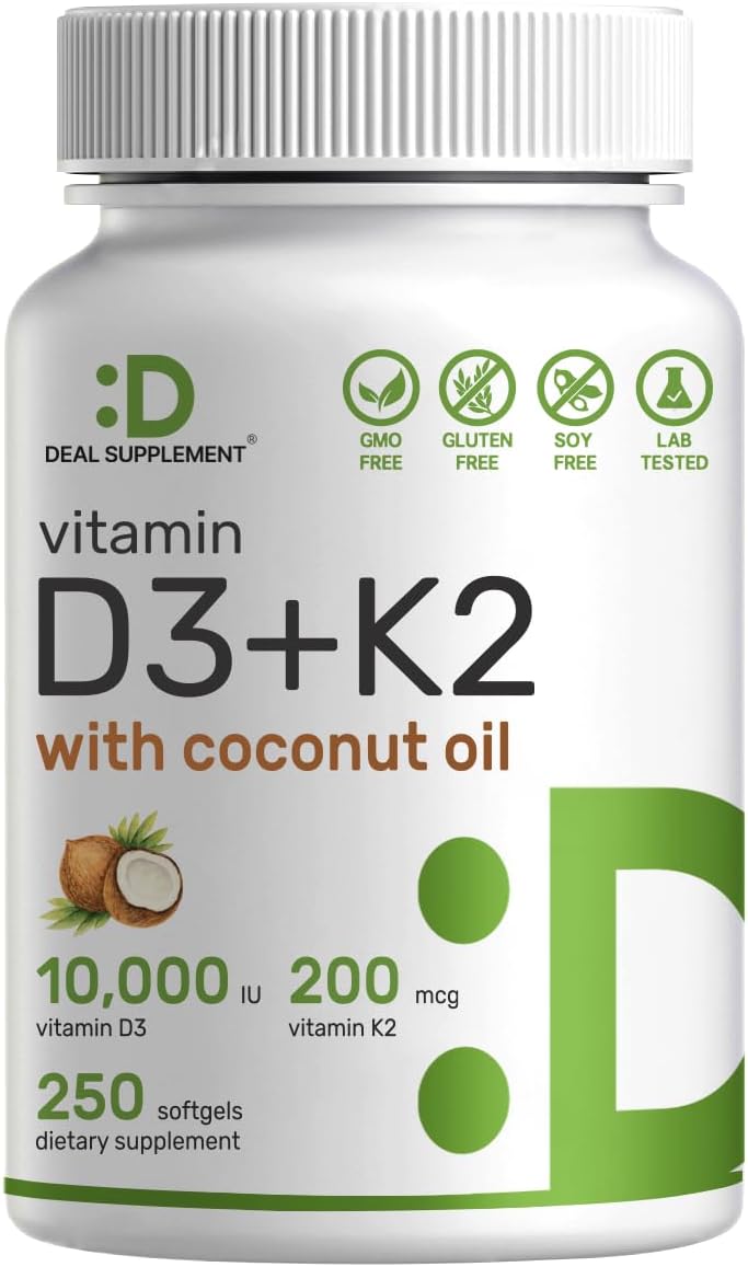 DEAL SUPPLEMENT Vitamin D3 10000 IU with K2 supplement. White bottle 250 softgels with coconut oil non GMO gluten free