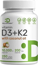 Vitamin D3+K2 softgels bottle front view, green label on white bottle