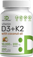 DEAL SUPPLEMENT Vitamin D3 10000 IU with K2 supplement. White bottle 250 softgels with coconut oil non GMO gluten free