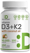 Vitamin D3+K2 softgels bottle, white with green label and ribbed cap