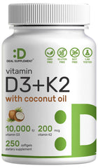 DEAL SUPPLEMENT white bottle of Vitamin D3 10000 IU with K2 supplement. Coconut oil softgels 250 count
