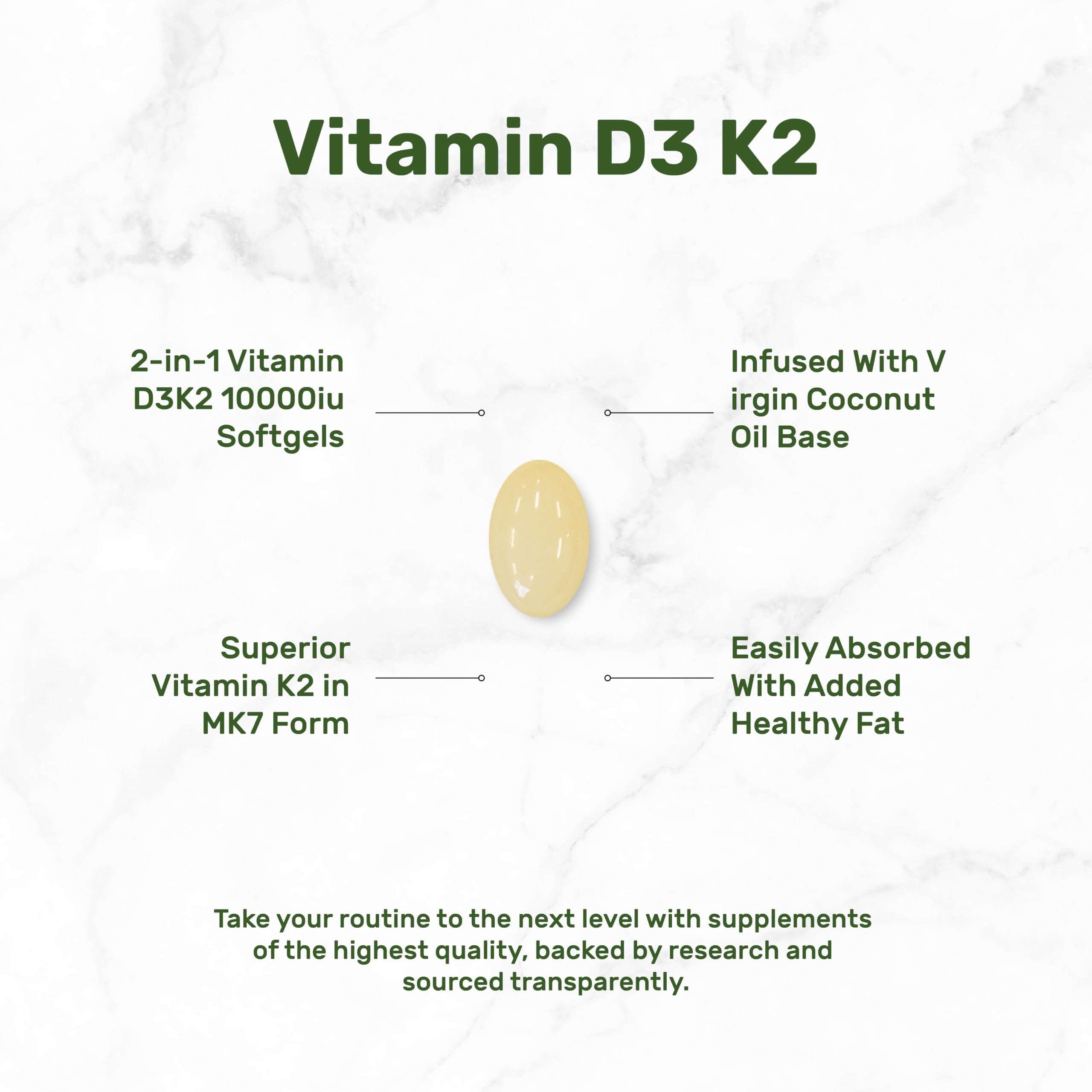 Single yellow softgel on white marble background with feature callouts and Vitamin D3 10000 IU with K2 supplement.