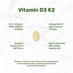 Single yellow softgel on white marble background with feature callouts and Vitamin D3 10000 IU with K2 supplement.