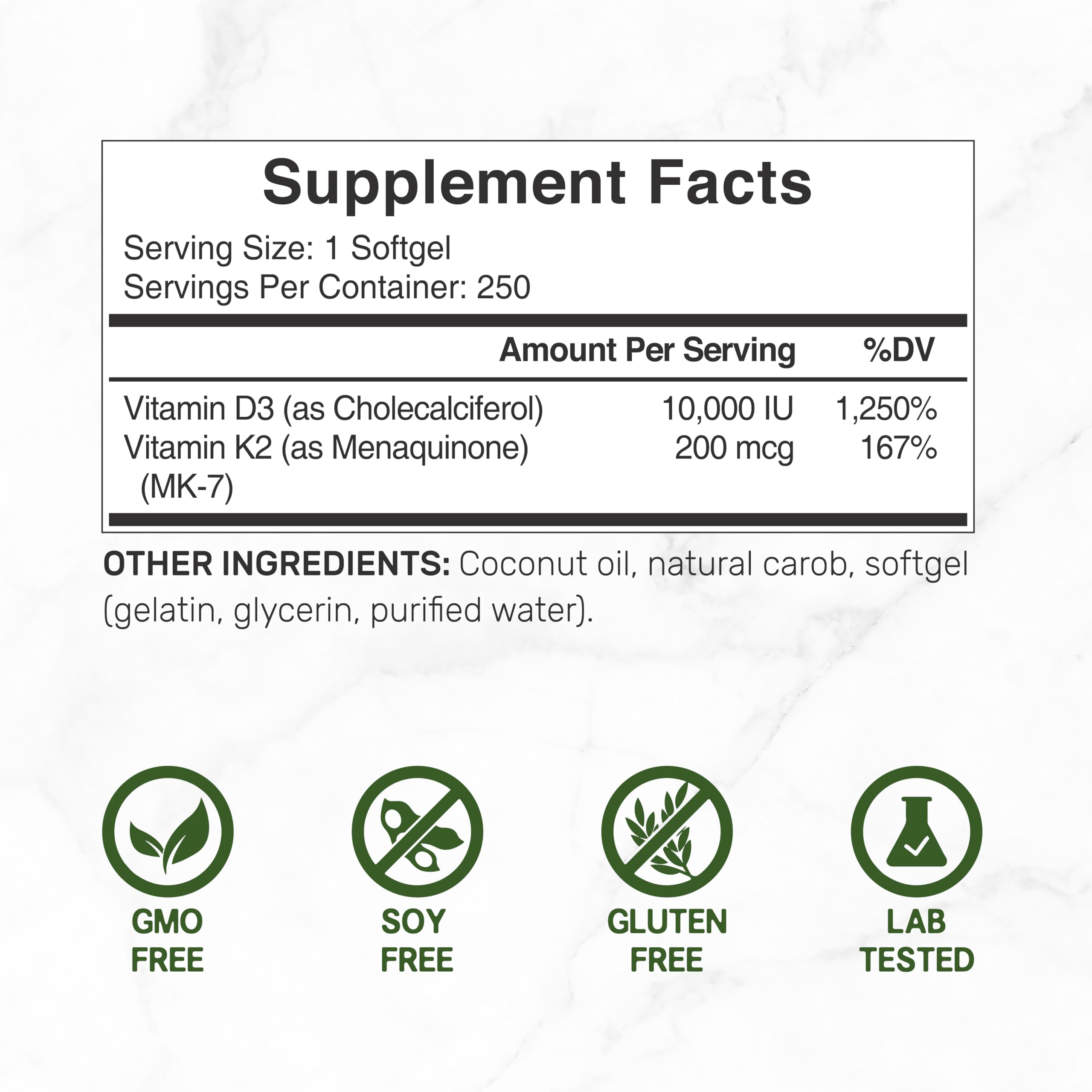 Supplement facts and icons for Vitamin D3 10000 IU with K2 supplement softgel 250ct GMO soy gluten free lab tested