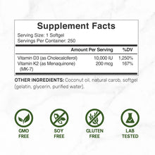 Supplement Facts panel listing Vitamin D3 and K2 per serving and %DV