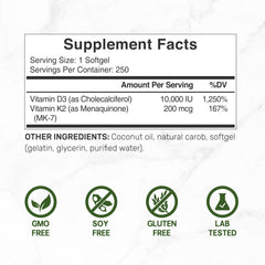 Supplement facts and icons for Vitamin D3 10000 IU with K2 supplement softgel 250ct GMO soy gluten free lab tested
