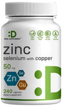 Zinc selenium with copper dietary supplement bottle, 240 capsules front label