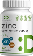 Zinc, selenium and copper dietary supplement bottle, 240 capsules label