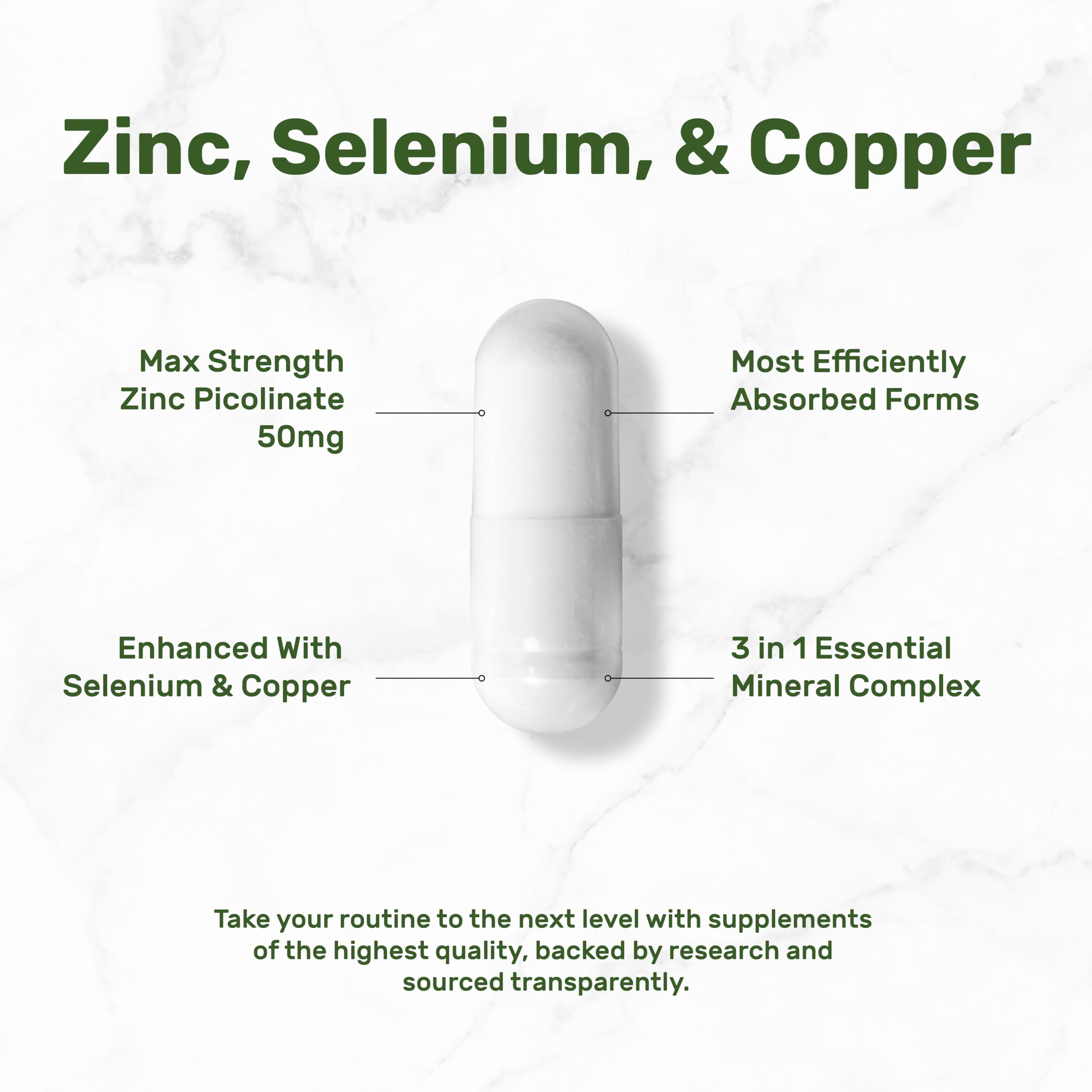 White supplement capsule with labels highlighting zinc 50mg capsules for immune support and added selenium and copper