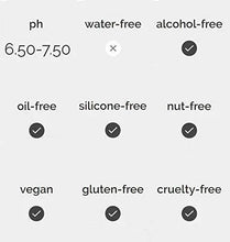 Skincare label badges: water-free, alcohol-free, oil-free, silicone-free, vegan