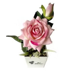 Huitich artificial pink rose plant in white square pot with green leaves and unopened bud