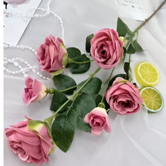 Huitich decorative silk roses pack of 2 with pink artificial flowers and green leaves on white background
