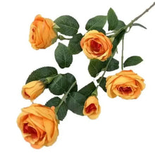 Artificial orange rose stems with green leaves, realistic layered petals