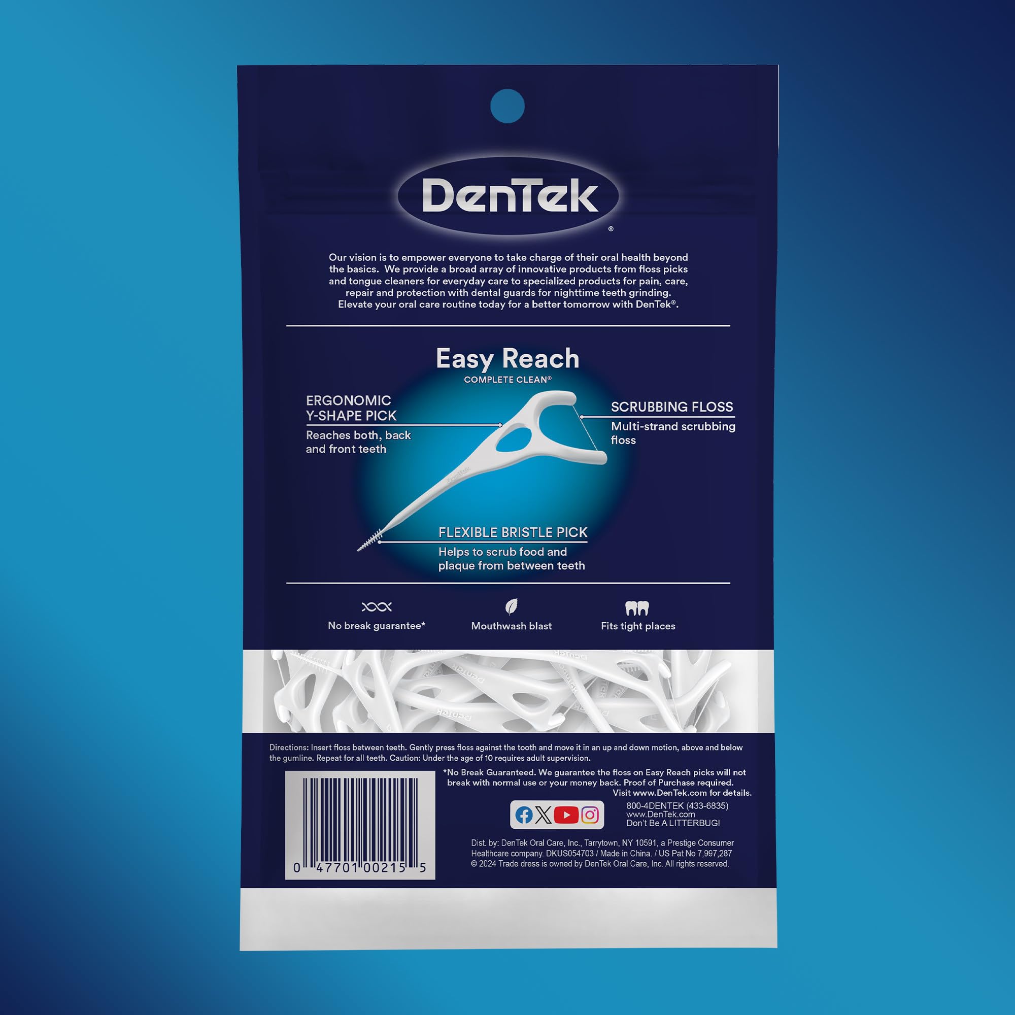 DenTek Easy Reach oral care pouch showing Dentek floss picks 75 count Y shaped scrubbing floss and bristle pick