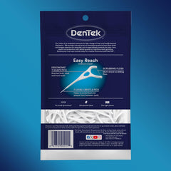 DenTek Easy Reach oral care pouch showing Dentek floss picks 75 count Y shaped scrubbing floss and bristle pick
