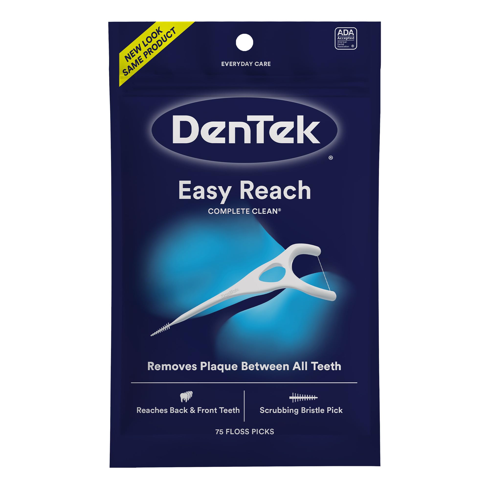 DenTek Easy Reach resealable pack showing a white floss pick on navy bag Dentek floss picks 75 count.
