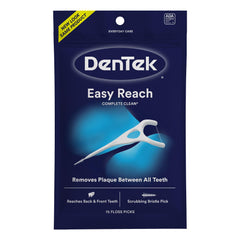 DenTek Easy Reach resealable pack showing a white floss pick on navy bag Dentek floss picks 75 count.