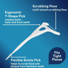 Dentek Easy Reach ergonomic Y-shaped floss pick with flexible bristle for tight spots