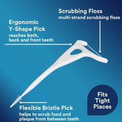 DenTek ergonomic Y shaped pick showing scrubbing multi strand floss and flexible bristle pick Dentek floss picks 75 count