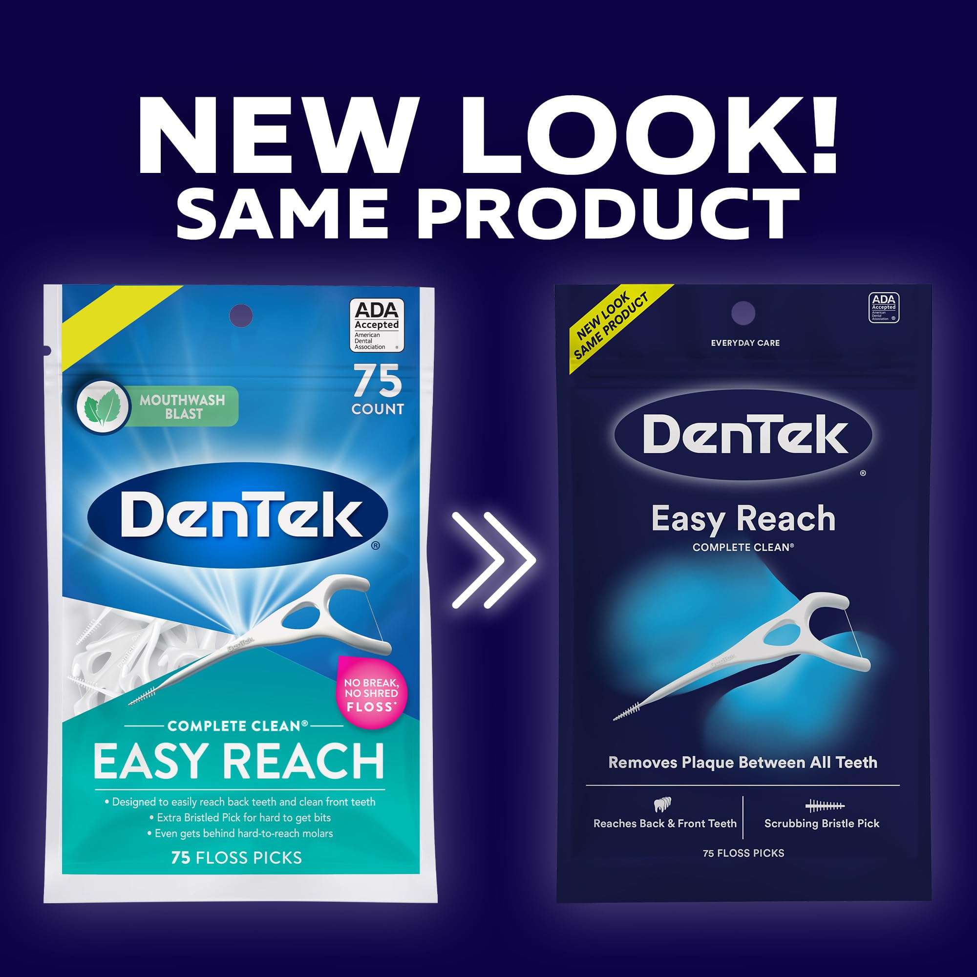 DenTek Easy Reach floss picks new and old packaging side by side showing 75 count Dentek floss picks 75 count