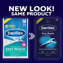 Y-shaped floss picks 75 count in Dentek Easy Reach packaging, two views
