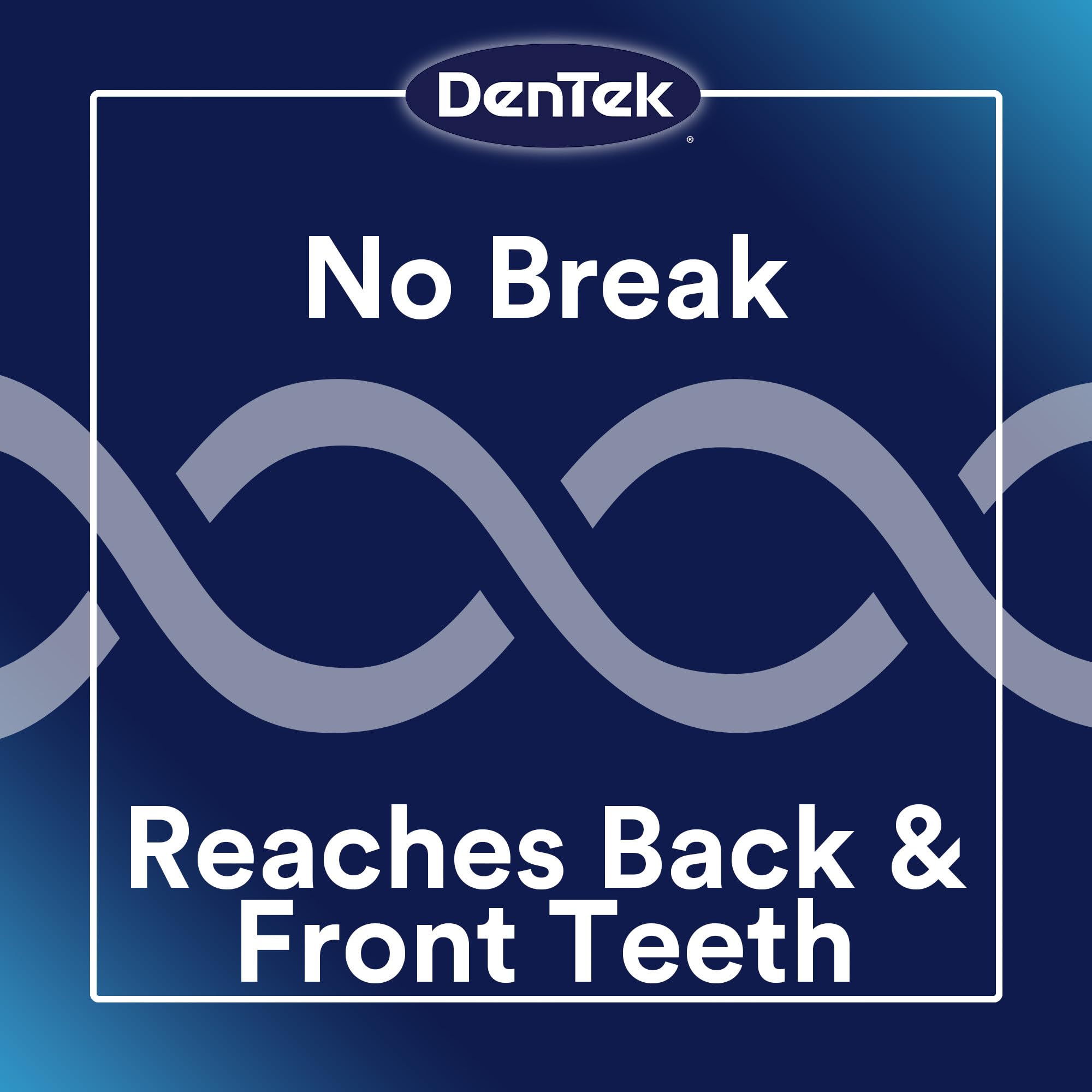 DenTek blue product label reading No Break Reaches Back and Front Teeth on package Dentek floss picks 75 count