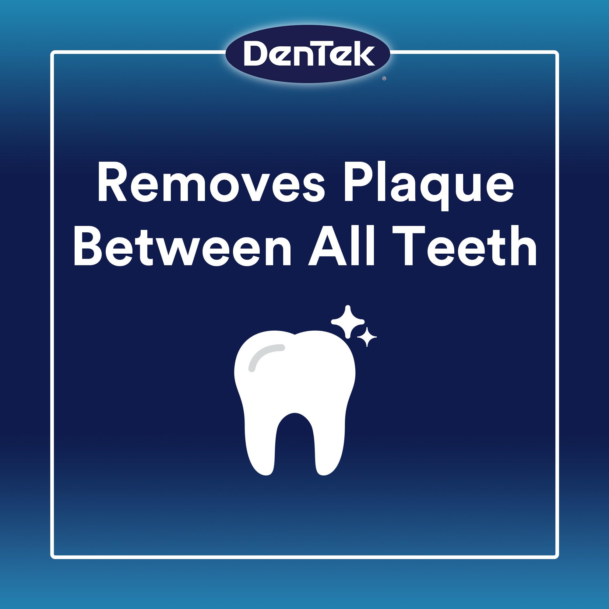 DenTek packaging graphic with white tooth icon and plaque removal claim Dentek floss picks 75 count.