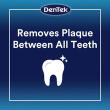 Dentek Easy Reach floss pick graphic, removes plaque between all teeth