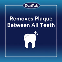 DenTek packaging graphic with white tooth icon and plaque removal claim Dentek floss picks 75 count.