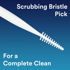 Close up white scrubbing bristle pick on blue background for oral cleaning Dentek floss picks 75 count