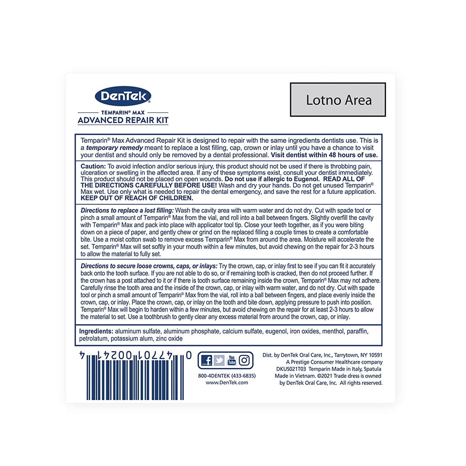 DenTek Temparin Max tooth repair advanced repair kit packaging label with instructions and barcode