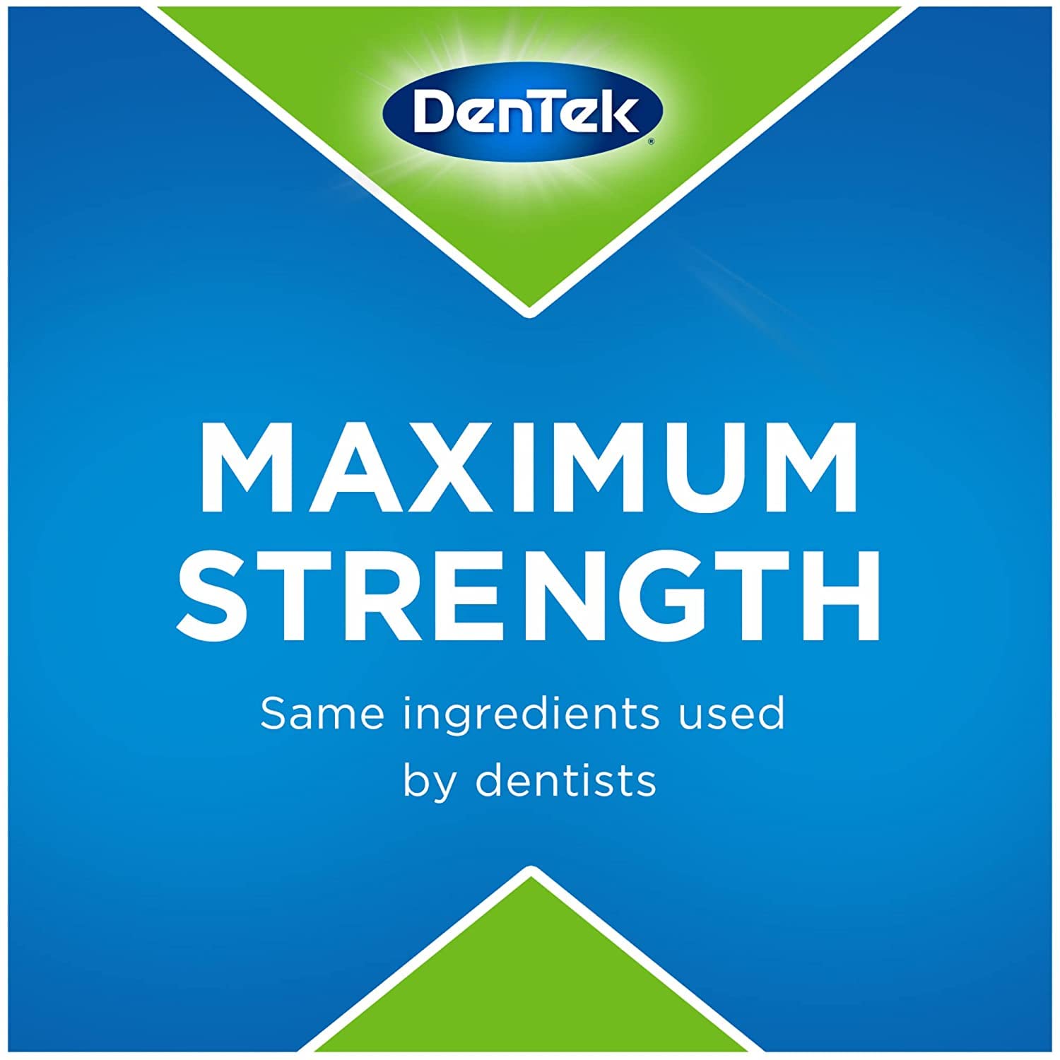 DenTek Temparin Max tooth repair maximum strength blue and green packaging with DenTek logo and dentist grade claim