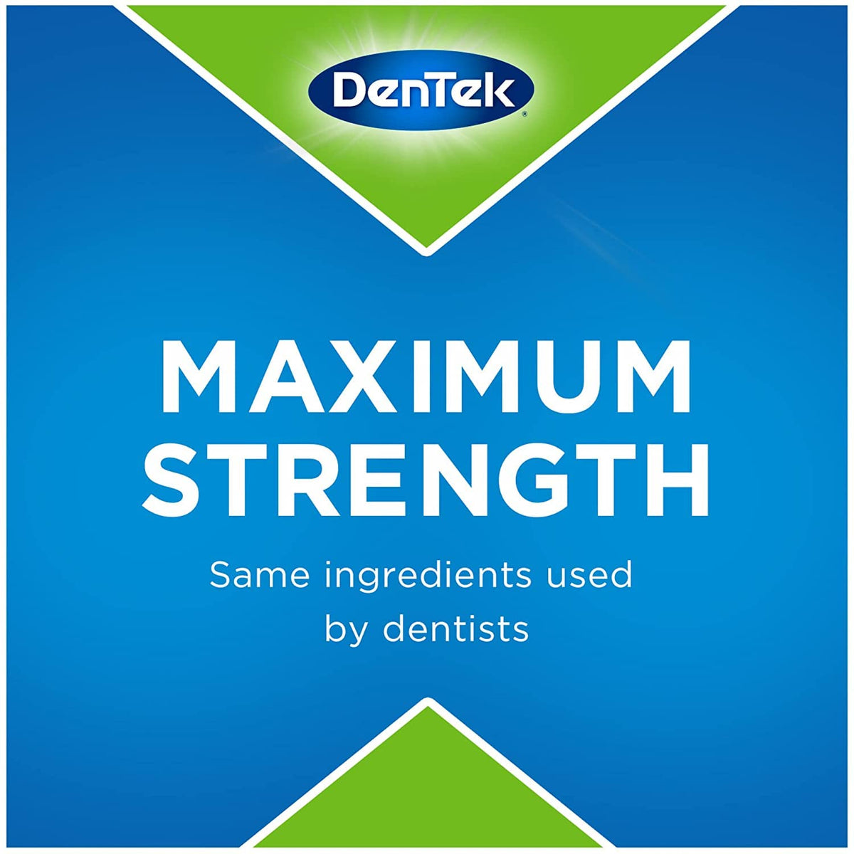 DenTek Temparin Max tooth repair maximum strength blue and green packaging with DenTek logo and dentist grade claim