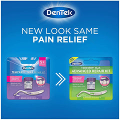 DenTek Temparin Max tooth repair kit packaging showing old and new look with same pain relief text