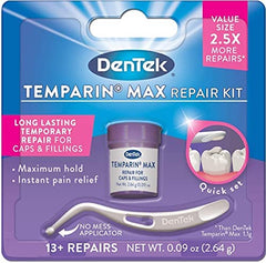 DenTek Temparin Max tooth repair kit packaging with applicator and putty for temporary caps and fillings