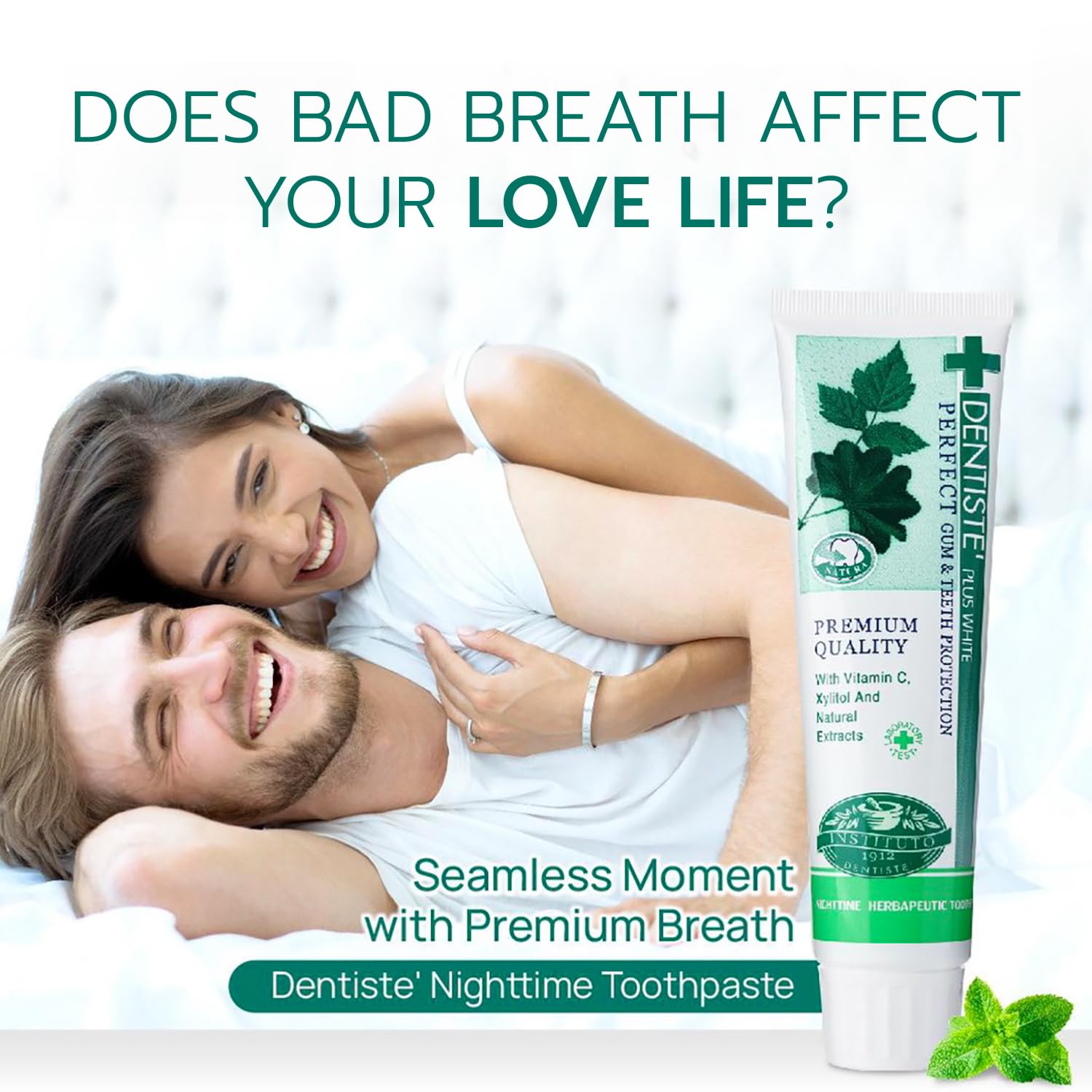 Smiling couple in bed with tube of Dentiste Plus Night Time Toothpaste promoting fresh breath and intimacy