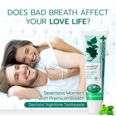 Smiling couple in bed with tube of Dentiste Plus Night Time Toothpaste promoting fresh breath and intimacy
