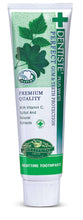 Nighttime toothpaste tube front, green leaf design with cross emblem on white cap