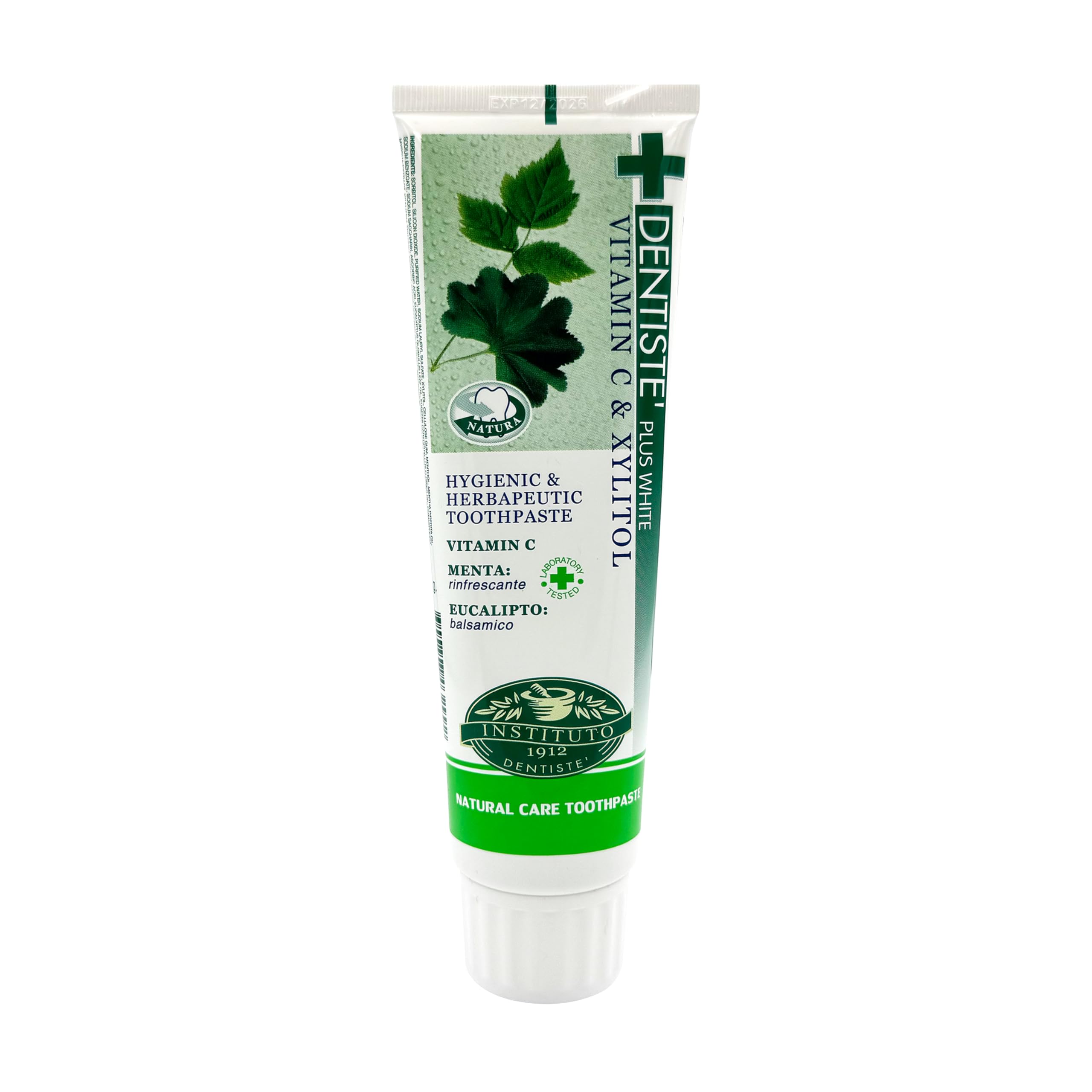 Green and white tube of Dentiste Plus Night Time Toothpaste featuring herbal leaves vitamin C