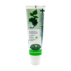 Green and white tube of Dentiste Plus Night Time Toothpaste featuring herbal leaves vitamin C