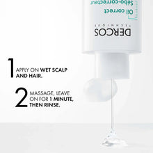 Oil correct shampoo bottle with dispensing nozzle and clear liquid drop