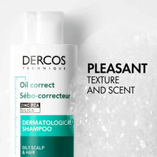 Dercos oil correct dermatological shampoo bottle with teal ingredient panel